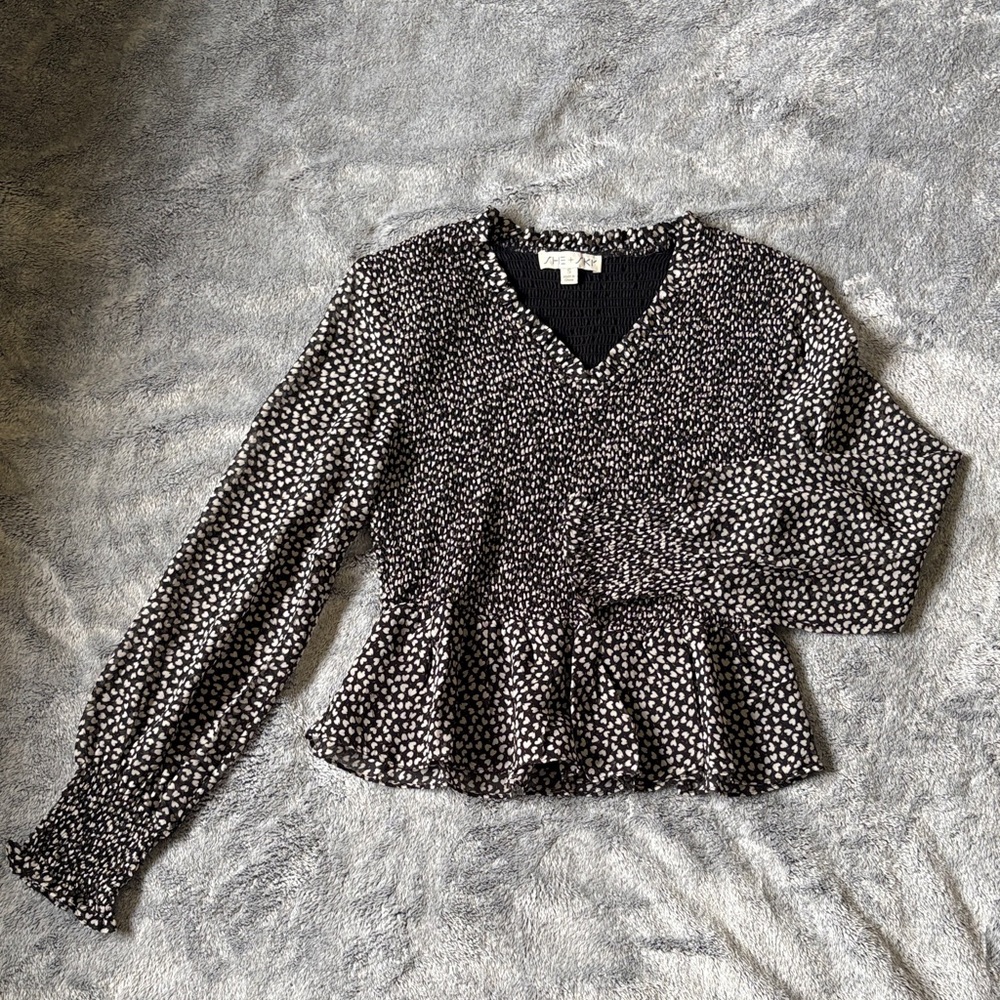 She + Sky Smocked Blouse with Peplum Waist, Frilled Cuff & Airy Sheer Sleeve